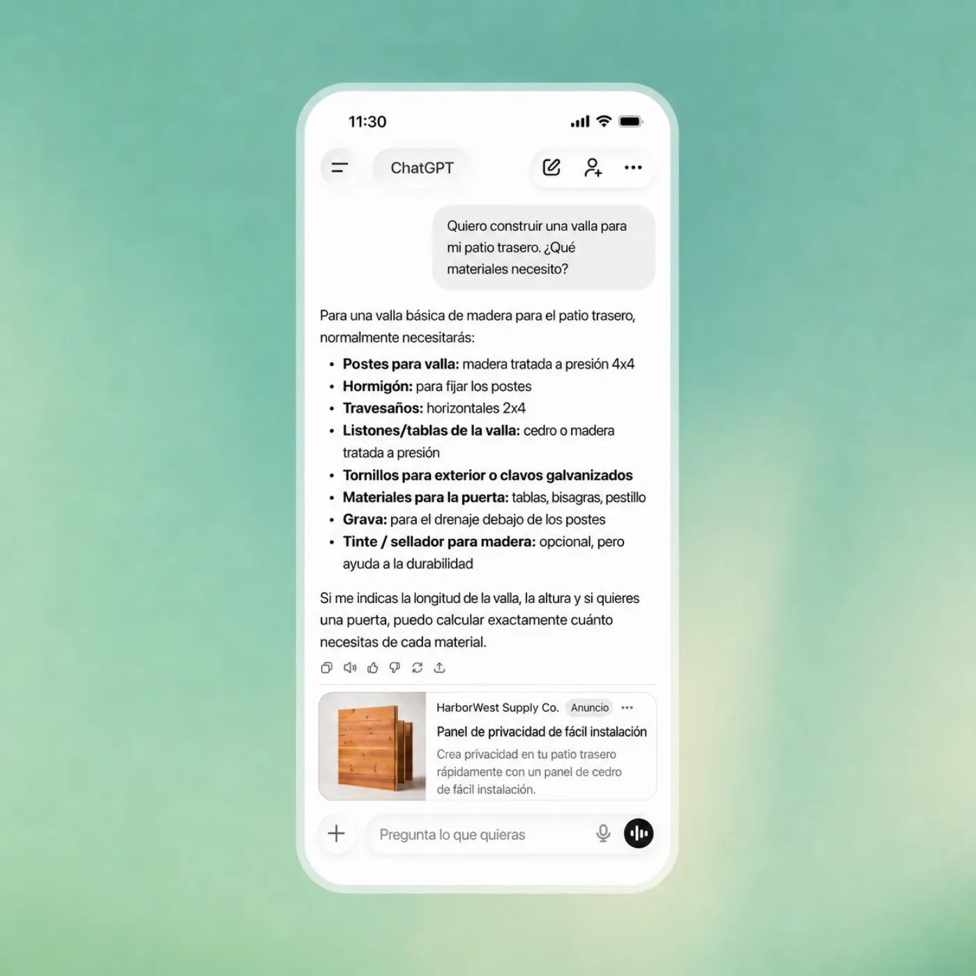 Conversación de ChatGPT sobre montar una valla, con un anuncio de paneles de cedro debajo de la respuesta