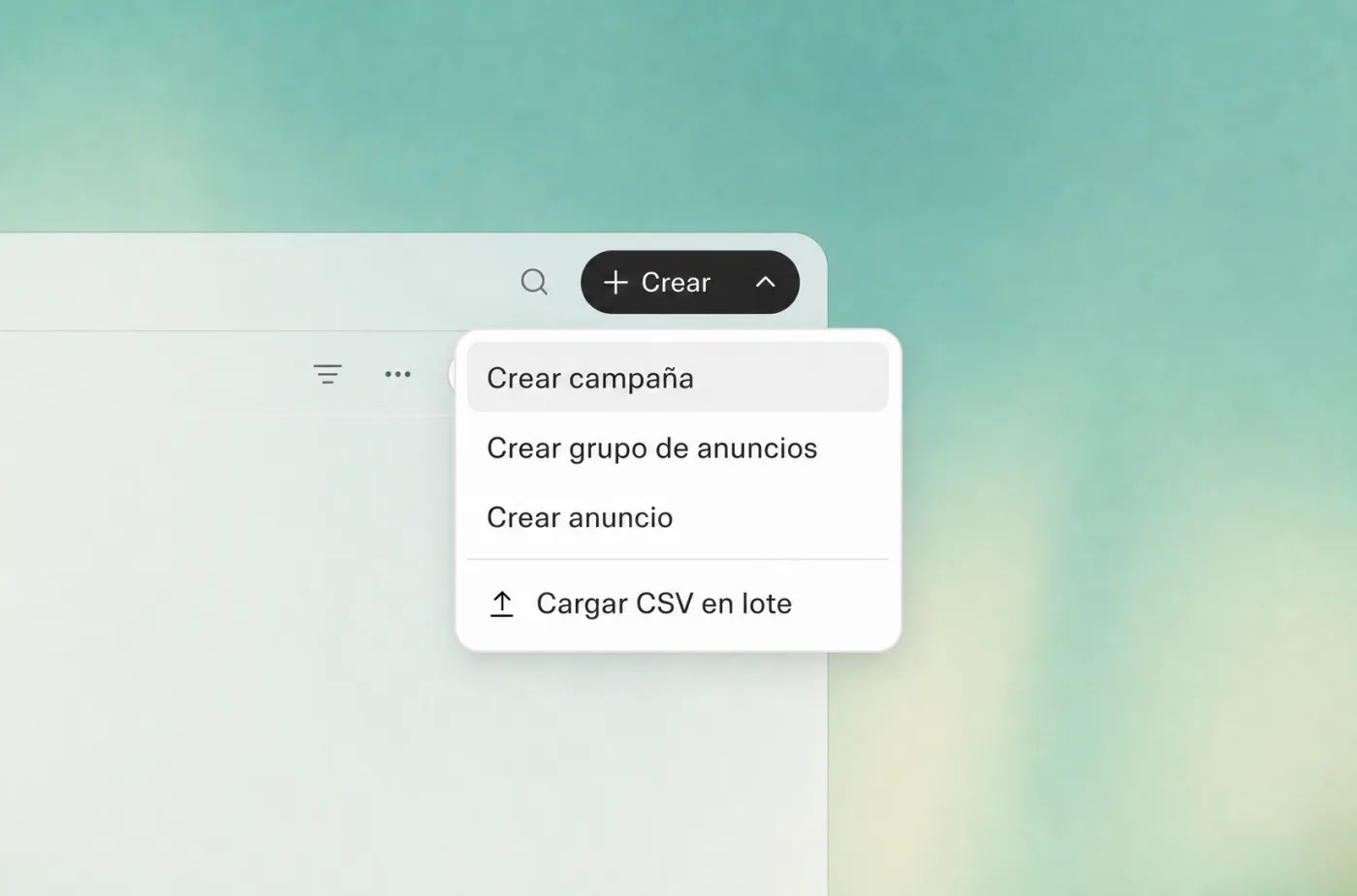 Interfaz del Ads Manager de OpenAI con el menú Crear abierto: campañas, grupos de anuncios y subida en bloque